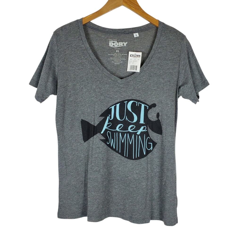 NEW Disney Finding Dory T-Shirt XL Gray V-Neck Short Sleeve Graphic Swimming Tee